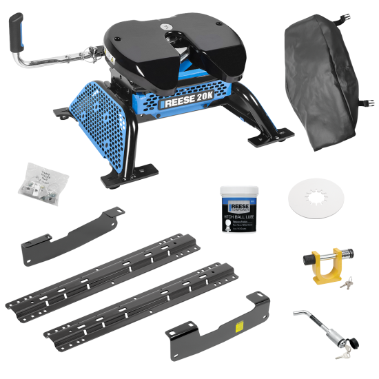 For 2004-2014 Ford F-150 Custom Industry Standard Above Bed Rail Kit + Reese M5 20K Fifth Wheel + King Pin Lock + Base Rail Lock + 10" Lube Plate + Fifth Wheel Cover + Lube (For 6-1/2' and 8 foot Bed, w/o Factory Puck System Models) By Reese