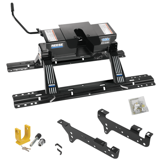 For 1999-2010 Ford F-350 Super Duty Custom Industry Standard Above Bed Rail Kit + 16K Fifth Wheel + King Pin Lock (For 5'8 or Shorter Bed (Sidewinder Required), Except Cab & Chassis, w/o Factory Puck System Models) By Reese