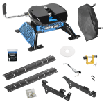 For 1999-2010 Ford F-250 Super Duty Custom Industry Standard Above Bed Rail Kit + Reese M5 20K Fifth Wheel + King Pin Lock + Base Rail Lock + 10" Lube Plate + Fifth Wheel Cover + Lube (For 5'8 or Shorter Bed (Sidewinder Required), Except Cab & Ch