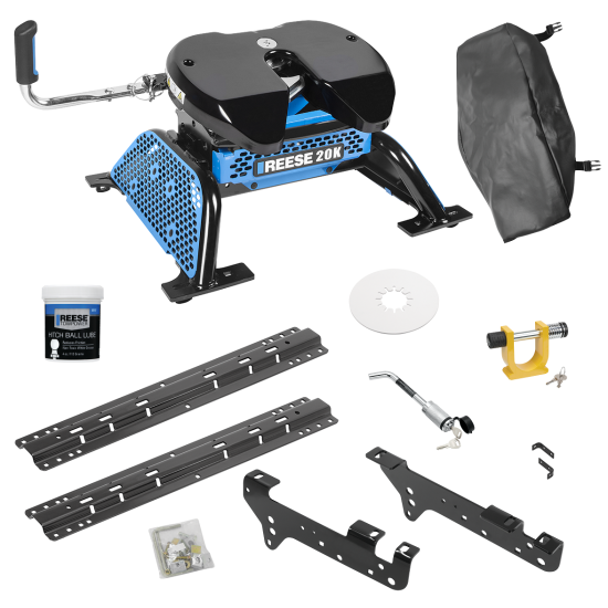 For 1999-2010 Ford F-250 Super Duty Custom Industry Standard Above Bed Rail Kit + Reese M5 20K Fifth Wheel + King Pin Lock + Base Rail Lock + 10" Lube Plate + Fifth Wheel Cover + Lube (For 5'8 or Shorter Bed (Sidewinder Required), Except Cab & Ch