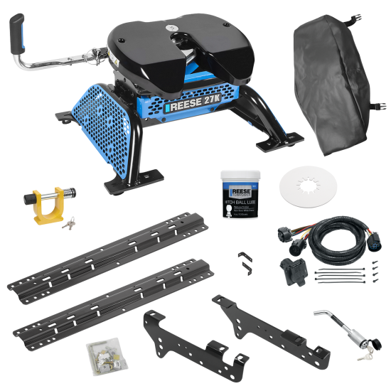 For 1999-2010 Ford F-250 Super Duty Custom Industry Standard Above Bed Rail Kit + Reese M5 27K Fifth Wheel + In-Bed Wiring + King Pin Lock + Base Rail Lock + 10" Lube Plate + Fifth Wheel Cover + Lube (For 5'8 or Shorter Bed (Sidewinder Required), Exc