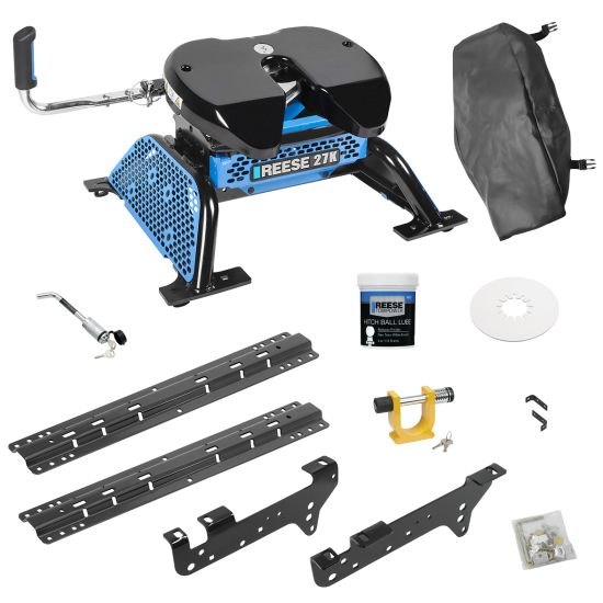 For 1999-2010 Ford F-250 Super Duty Custom Industry Standard Above Bed Rail Kit + Reese M5 27K Fifth Wheel + King Pin Lock + Base Rail Lock + 10" Lube Plate + Fifth Wheel Cover + Lube (For 5'8 or Shorter Bed (Sidewinder Required), Except Cab & Ch