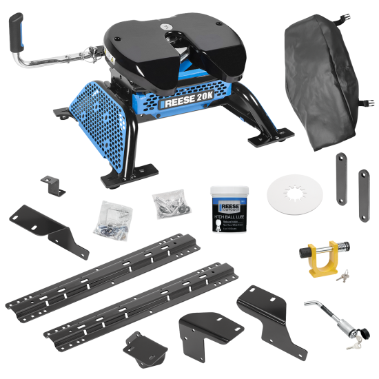 For 2007-2021 Toyota Tundra Custom Industry Standard Above Bed Rail Kit + Reese M5 20K Fifth Wheel + King Pin Lock + Base Rail Lock + 10" Lube Plate + Fifth Wheel Cover + Lube (For 6-1/2' and 8 foot Bed, w/o Factory Puck System Models) By Reese