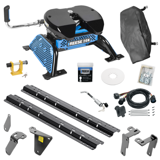 For 2013-2024 RAM 3500 Custom Industry Standard Above Bed Rail Kit + Reese M5 20K Fifth Wheel + In-Bed Wiring + King Pin Lock + Base Rail Lock + 10" Lube Plate + Fifth Wheel Cover + Lube (For 5'8 or Shorter Bed (Sidewinder Required), w/o Factory Puck