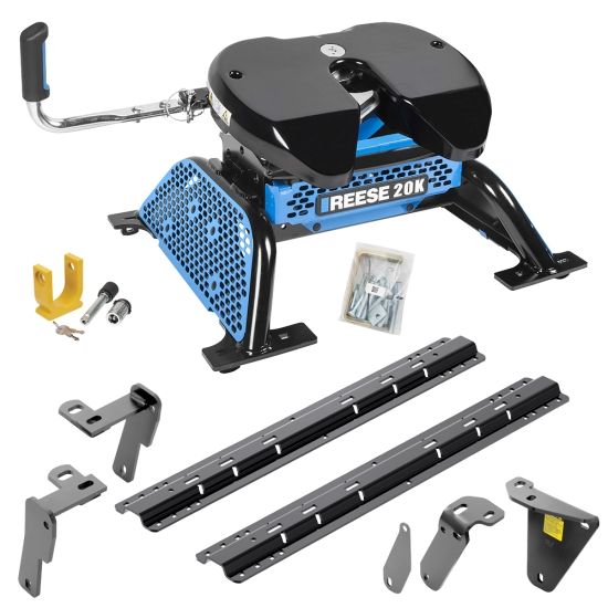 For 2013-2024 RAM 3500 Custom Industry Standard Above Bed Rail Kit + Reese M5 20K Fifth Wheel + King Pin Lock (For 5'8 or Shorter Bed (Sidewinder Required), w/o Factory Puck System Models) By Reese