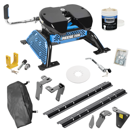 For 2013-2024 RAM 3500 Custom Industry Standard Above Bed Rail Kit + Reese M5 20K Fifth Wheel + King Pin Lock + Base Rail Lock + 10" Lube Plate + Fifth Wheel Cover + Lube (For 5'8 or Shorter Bed (Sidewinder Required), w/o Factory Puck System Models) 