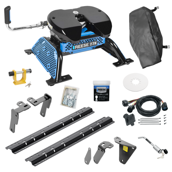 For 2013-2024 RAM 3500 Custom Industry Standard Above Bed Rail Kit + Reese M5 27K Fifth Wheel + In-Bed Wiring + King Pin Lock + Base Rail Lock + 10" Lube Plate + Fifth Wheel Cover + Lube (For 5'8 or Shorter Bed (Sidewinder Required), w/o Factory Puck