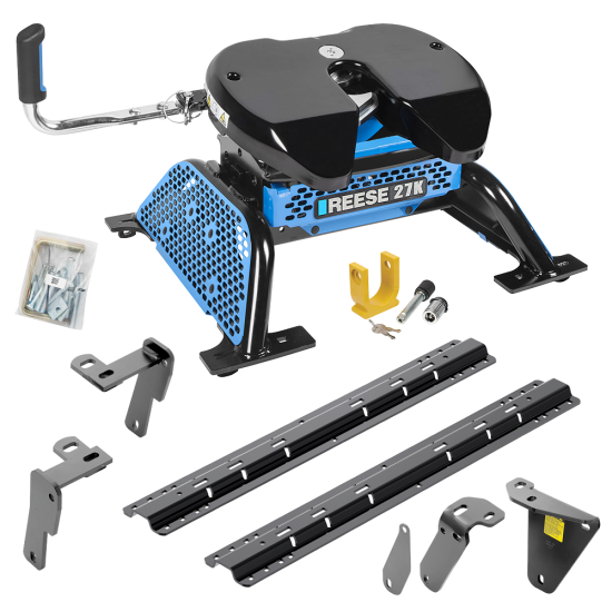 For 2013-2024 RAM 3500 Custom Industry Standard Above Bed Rail Kit + Reese M5 27K Fifth Wheel + King Pin Lock (For 5'8 or Shorter Bed (Sidewinder Required), w/o Factory Puck System Models) By Reese