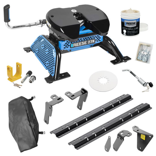 For 2013-2024 RAM 3500 Custom Industry Standard Above Bed Rail Kit + Reese M5 27K Fifth Wheel + King Pin Lock + Base Rail Lock + 10" Lube Plate + Fifth Wheel Cover + Lube (For 5'8 or Shorter Bed (Sidewinder Required), w/o Factory Puck System Models) 