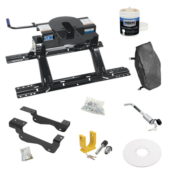 For 2015-2020 Ford F-150 Custom Industry Standard Above Bed Rail Kit + 20K Fifth Wheel + King Pin Lock + Base Rail Lock + 10" Lube Plate + Fifth Wheel Cover + Lube (For 5'8 or Shorter Bed (Sidewinder Required), Except Raptor, w/o Factory Puck System 