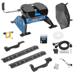 For 2015-2020 Ford F-150 Custom Industry Standard Above Bed Rail Kit + Reese M5 27K Fifth Wheel + In-Bed Wiring + King Pin Lock + Base Rail Lock + 10" Lube Plate + Fifth Wheel Cover + Lube (For 5'8 or Shorter Bed (Sidewinder Required), Except Raptor,