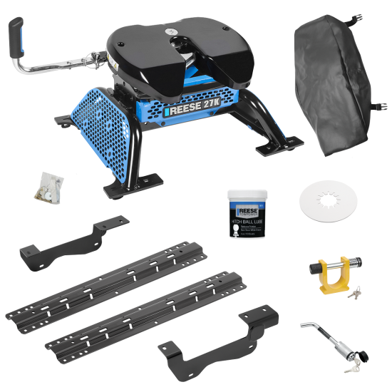 For 2015-2020 Ford F-150 Custom Industry Standard Above Bed Rail Kit + Reese M5 27K Fifth Wheel + King Pin Lock + Base Rail Lock + 10" Lube Plate + Fifth Wheel Cover + Lube (For 5'8 or Shorter Bed (Sidewinder Required), Except Raptor, w/o Factory Puc