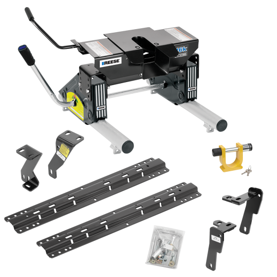 For 2010-2012 Dodge Ram 2500 Custom Industry Standard Above Bed Rail Kit + 16K Fifth Wheel + Round Tube Slider + King Pin Lock (For 6-1/2' or Shorter Bed, Except w/Gas Engines w/Overload Springs, w/o Factory Puck System Models) By Reese