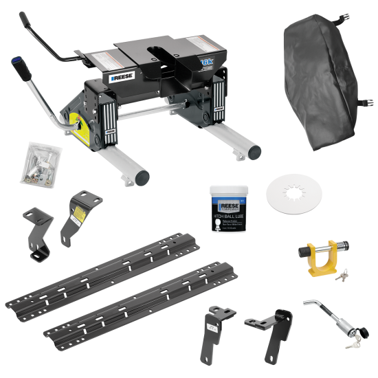 For 2010-2012 Dodge Ram 2500 Custom Industry Standard Above Bed Rail Kit + 16K Fifth Wheel + Round Tube Slider + King Pin Lock + Base Rail Lock + 10" Lube Plate + Fifth Wheel Cover + Lube (For 6-1/2' or Shorter Bed, Except w/Gas Engines w/Overload Sp