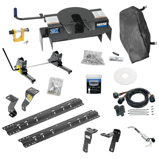 For 2010-2012 Dodge Ram 2500 Custom Industry Standard Above Bed Rail Kit + 20K Fifth Wheel + Square Slider + King Pin Lock + Base Rail Lock + 10" Lube Plate + Fifth Wheel Cover + Lube (For 6-1/2' or Shorter Bed, Except w/Gas Engines w/Overload Spring