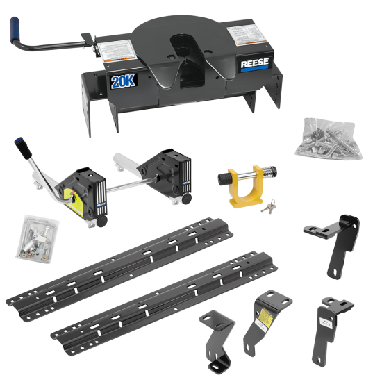 For 2010-2012 Dodge Ram 2500 Custom Industry Standard Above Bed Rail Kit + 20K Fifth Wheel + Round Tube Slider + King Pin Lock (For 6-1/2' or Shorter Bed, Except w/Gas Engines w/Overload Springs, w/o Factory Puck System Models) By Reese