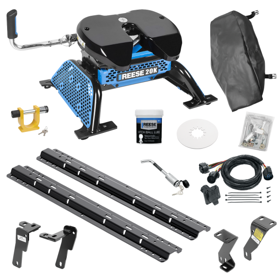 For 2006-2008 Dodge Ram 1500 Custom Industry Standard Above Bed Rail Kit + Reese M5 20K Fifth Wheel + In-Bed Wiring + King Pin Lock + Base Rail Lock + 10" Lube Plate + Fifth Wheel Cover + Lube (For 5'8 or Shorter Bed (Sidewinder Required), Mega Cab, 