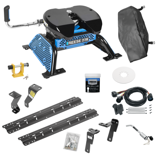 For 2006-2008 Dodge Ram 1500 Custom Industry Standard Above Bed Rail Kit + Reese M5 27K Fifth Wheel + In-Bed Wiring + King Pin Lock + Base Rail Lock + 10" Lube Plate + Fifth Wheel Cover + Lube (For 6-1/2' and 8 foot Bed, Mega Cab, w/o Factory Puck Sy