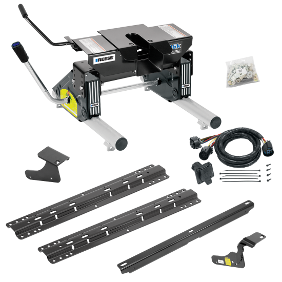 For 2011-2018 RAM 1500 Custom Industry Standard Above Bed Rail Kit + 16K Fifth Wheel + Round Tube Slider + In-Bed Wiring (For 6-1/2' or Shorter Bed, w/o Factory Puck System Models) By Reese