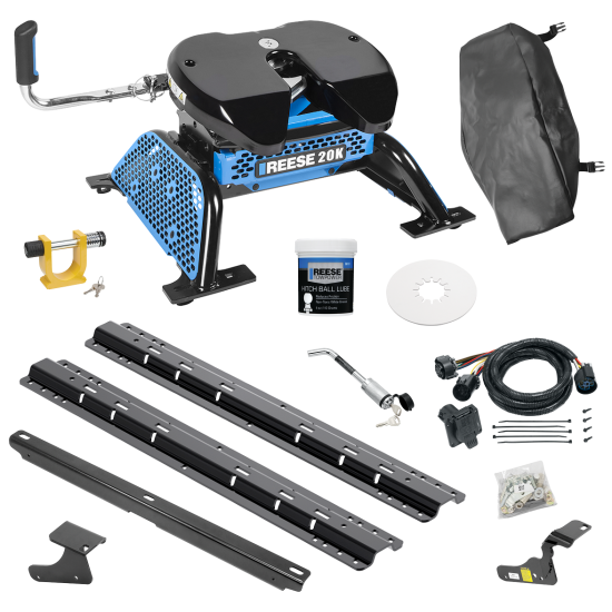 For 2019-2024 RAM 1500 Classic Custom Industry Standard Above Bed Rail Kit + Reese M5 20K Fifth Wheel + In-Bed Wiring + King Pin Lock + Base Rail Lock + 10" Lube Plate + Fifth Wheel Cover + Lube (For 5'8 or Shorter Bed (Sidewinder Required), w/o Fact