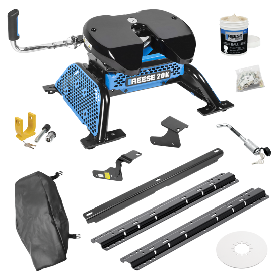 For 2011-2018 RAM 1500 Custom Industry Standard Above Bed Rail Kit + Reese M5 20K Fifth Wheel + King Pin Lock + Base Rail Lock + 10" Lube Plate + Fifth Wheel Cover + Lube (For 6-1/2' and 8 foot Bed, w/o Factory Puck System Models) By Reese