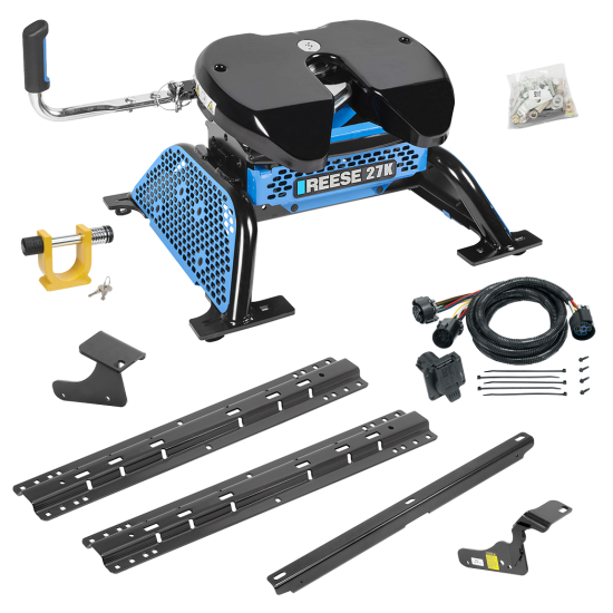 For 2011-2018 RAM 1500 Custom Industry Standard Above Bed Rail Kit + Reese M5 27K Fifth Wheel + In-Bed Wiring + King Pin Lock (For 5'8 or Shorter Bed (Sidewinder Required), w/o Factory Puck System Models) By Reese