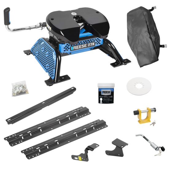 For 2019-2024 RAM 1500 Classic Custom Industry Standard Above Bed Rail Kit + Reese M5 27K Fifth Wheel + King Pin Lock + Base Rail Lock + 10" Lube Plate + Fifth Wheel Cover + Lube (For 5'8 or Shorter Bed (Sidewinder Required), w/o Factory Puck System 