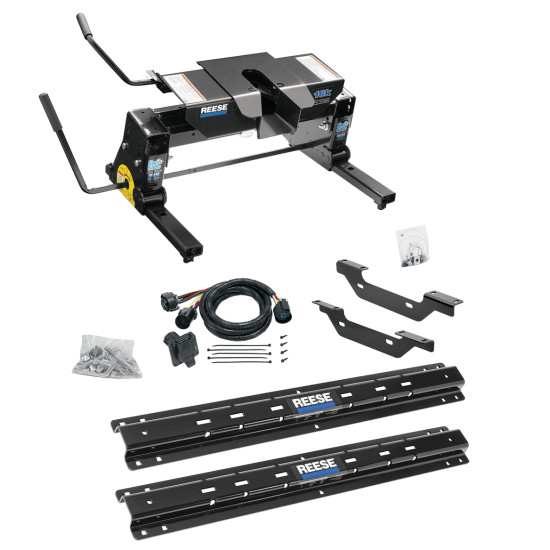 For 2011-2019 Chevrolet Silverado 3500 HD Custom Outboard Above Bed Rail Kit + 16K Fifth Wheel + Square Slider + In-Bed Wiring (For 6-1/2' or Shorter Bed, Except w/OEM HD Towing Prep Package, w/o Factory Puck System Models) By Reese