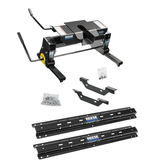 For 2011-2019 Chevrolet Silverado 3500 HD Custom Outboard Above Bed Rail Kit + 16K Fifth Wheel + Square Slider (For 6-1/2' or Shorter Bed, Except w/OEM HD Towing Prep Package, w/o Factory Puck System Models) By Reese