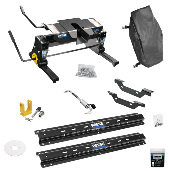 For 2011-2019 GMC Sierra 2500 HD Custom Outboard Above Bed Rail Kit + 16K Fifth Wheel + Square Slider + King Pin Lock + Base Rail Lock + 10" Lube Plate + Fifth Wheel Cover + Lube (For 6-1/2' or Shorter Bed, Except w/OEM HD Towing Prep Package, w/o Fa