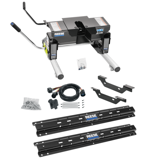 For 2011-2019 Chevrolet Silverado 2500 HD Custom Outboard Above Bed Rail Kit + 16K Fifth Wheel + Round Tube Slider + In-Bed Wiring (For 6-1/2' or Shorter Bed, Except w/OEM HD Towing Prep Package, w/o Factory Puck System Models) By Reese