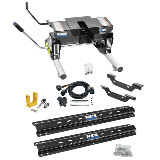 For 2011-2019 Chevrolet Silverado 3500 HD Custom Outboard Above Bed Rail Kit + 16K Fifth Wheel + Round Tube Slider + In-Bed Wiring + King Pin Lock (For 6-1/2' or Shorter Bed, Except w/OEM HD Towing Prep Package, w/o Factory Puck System Models) By Reese