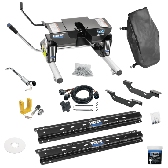 For 2011-2019 Chevrolet Silverado 3500 HD Custom Outboard Above Bed Rail Kit + 16K Fifth Wheel + Round Tube Slider + In-Bed Wiring + King Pin Lock + Base Rail Lock + 10" Lube Plate + Fifth Wheel Cover + Lube (For 6-1/2' or Shorter Bed, Except w/OEM H