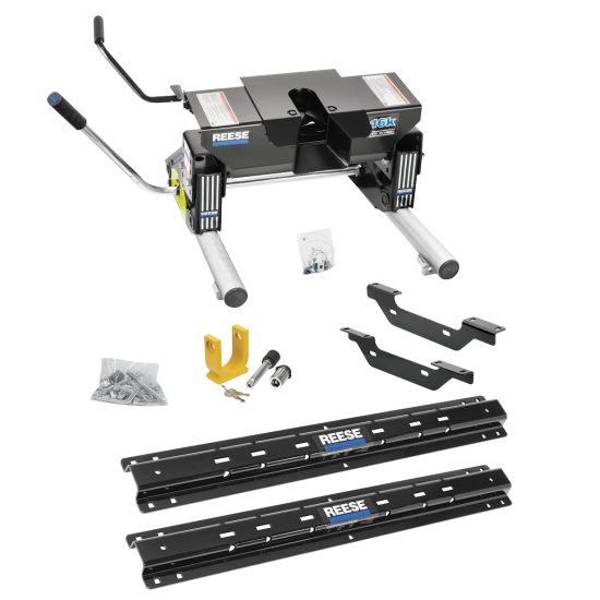 For 2011-2019 Chevrolet Silverado 3500 HD Custom Outboard Above Bed Rail Kit + 16K Fifth Wheel + Round Tube Slider + King Pin Lock (For 6-1/2' or Shorter Bed, Except w/OEM HD Towing Prep Package, w/o Factory Puck System Models) By Reese