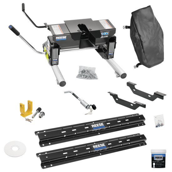 For 2011-2019 Chevrolet Silverado 2500 HD Custom Outboard Above Bed Rail Kit + 16K Fifth Wheel + Round Tube Slider + King Pin Lock + Base Rail Lock + 10" Lube Plate + Fifth Wheel Cover + Lube (For 6-1/2' or Shorter Bed, Except w/OEM HD Towing Prep Pa