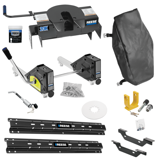 For 2011-2019 GMC Sierra 2500 HD Custom Outboard Above Bed Rail Kit + 20K Fifth Wheel + Round Tube Slider + King Pin Lock + Base Rail Lock + 10" Lube Plate + Fifth Wheel Cover + Lube (For 6-1/2' or Shorter Bed, Except w/OEM HD Towing Prep Package, w/