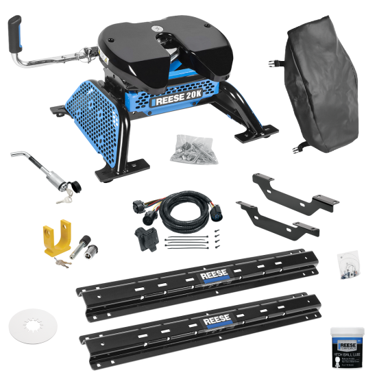 For 2011-2019 Chevrolet Silverado 3500 HD Custom Outboard Above Bed Rail Kit + Reese M5 20K Fifth Wheel + In-Bed Wiring + King Pin Lock + Base Rail Lock + 10" Lube Plate + Fifth Wheel Cover + Lube (For 5'8 or Shorter Bed (Sidewinder Required), Except