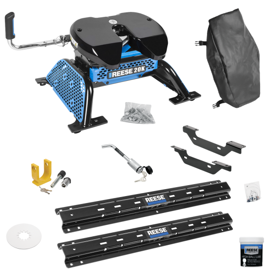 For 2011-2019 Chevrolet Silverado 2500 HD Custom Outboard Above Bed Rail Kit + Reese M5 20K Fifth Wheel + King Pin Lock + Base Rail Lock + 10" Lube Plate + Fifth Wheel Cover + Lube (For 5'8 or Shorter Bed (Sidewinder Required), Except w/OEM HD Towing