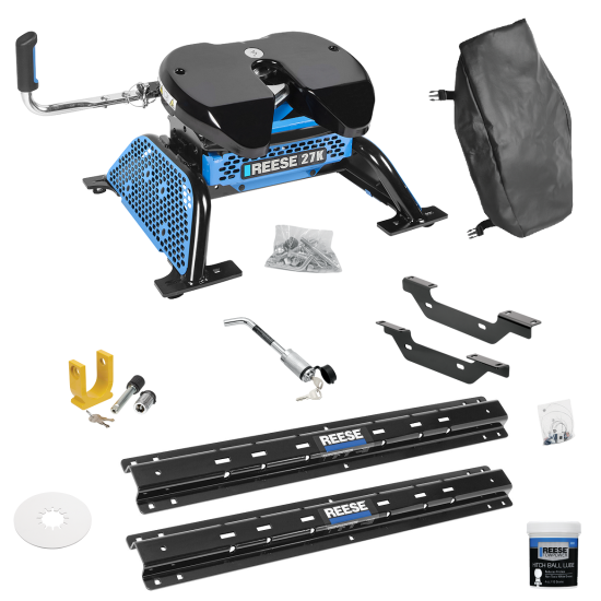 For 2011-2019 Chevrolet Silverado 2500 HD Custom Outboard Above Bed Rail Kit + Reese M5 27K Fifth Wheel + King Pin Lock + Base Rail Lock + 10" Lube Plate + Fifth Wheel Cover + Lube (For 5'8 or Shorter Bed (Sidewinder Required), Except w/OEM HD Towing