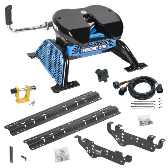 For 1999-2010 Ford F-250 Super Duty Custom Outboard Above Bed Rail Kit + Reese M5 20K Fifth Wheel + In-Bed Wiring + King Pin Lock (For 5'8 or Shorter Bed (Sidewinder Required), Except Cab & Chassis, w/o Factory Puck System Models) By Reese