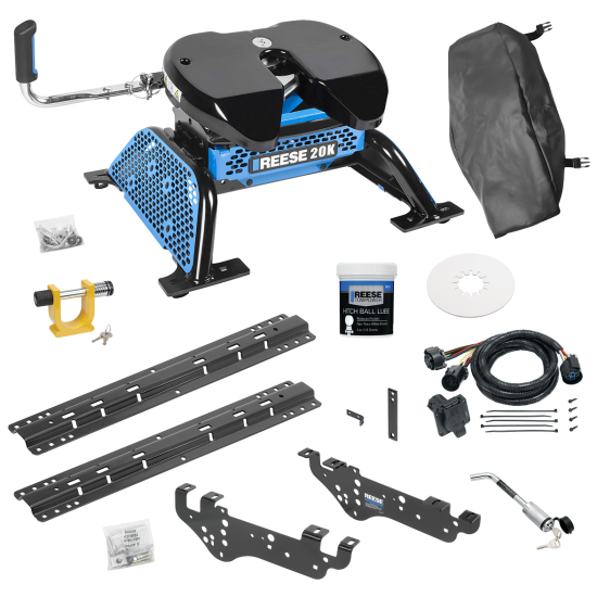 For 1999-2010 Ford F-250 Super Duty Custom Outboard Above Bed Rail Kit + Reese M5 20K Fifth Wheel + In-Bed Wiring + King Pin Lock + Base Rail Lock + 10" Lube Plate + Fifth Wheel Cover + Lube (For 5'8 or Shorter Bed (Sidewinder Required), Except Cab &