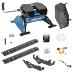 For 1999-2010 Ford F-250 Super Duty Custom Outboard Above Bed Rail Kit + Reese M5 20K Fifth Wheel + King Pin Lock + Base Rail Lock + 10" Lube Plate + Fifth Wheel Cover + Lube (For 5'8 or Shorter Bed (Sidewinder Required), Except Cab & Chassis, w/