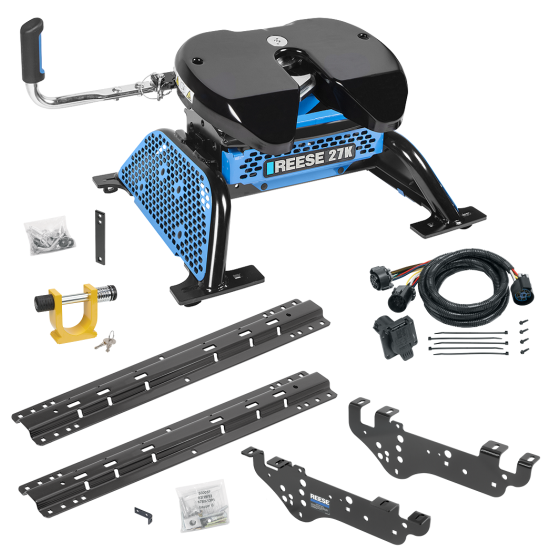 For 1999-2010 Ford F-250 Super Duty Custom Outboard Above Bed Rail Kit + Reese M5 27K Fifth Wheel + In-Bed Wiring + King Pin Lock (For 5'8 or Shorter Bed (Sidewinder Required), Except Cab & Chassis, w/o Factory Puck System Models) By Reese