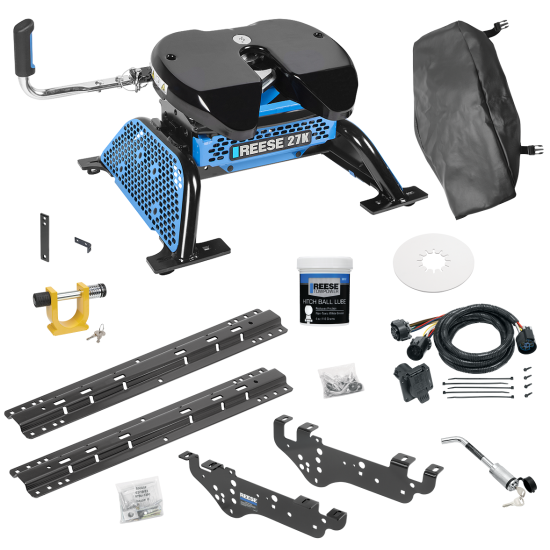 For 1999-2010 Ford F-250 Super Duty Custom Outboard Above Bed Rail Kit + Reese M5 27K Fifth Wheel + In-Bed Wiring + King Pin Lock + Base Rail Lock + 10" Lube Plate + Fifth Wheel Cover + Lube (For 5'8 or Shorter Bed (Sidewinder Required), Except Cab &