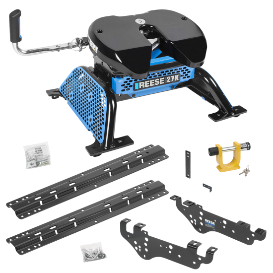 For 1999-2010 Ford F-250 Super Duty Custom Outboard Above Bed Rail Kit + Reese M5 27K Fifth Wheel + King Pin Lock (For 5'8 or Shorter Bed (Sidewinder Required), Except Cab & Chassis, w/o Factory Puck System Models) By Reese