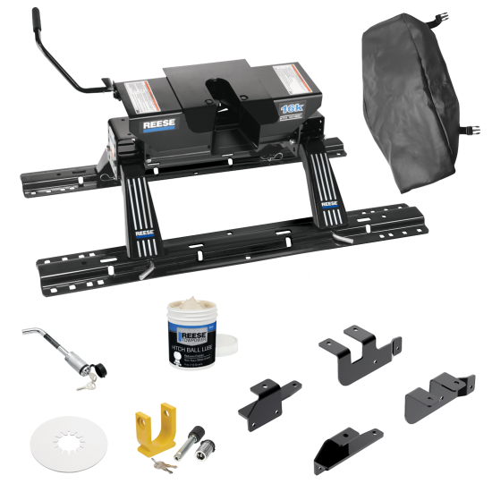 For 2014-2024 RAM 2500 Custom Outboard Above Bed Rail Kit + 16K Fifth Wheel + King Pin Lock + Base Rail Lock + 10" Lube Plate + Fifth Wheel Cover + Lube (For 5'8 or Shorter Bed (Sidewinder Required), w/o Factory Puck System Models) By Reese