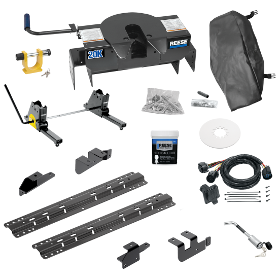 For 2014-2024 RAM 2500 Custom Outboard Above Bed Rail Kit + 20K Fifth Wheel + Square Slider + King Pin Lock + Base Rail Lock + 10" Lube Plate + Fifth Wheel Cover + Lube (For 6-1/2' or Shorter Bed, w/o Factory Puck System Models) By Reese