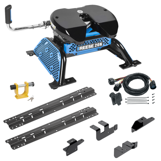 For 2014-2024 RAM 2500 Custom Outboard Above Bed Rail Kit + Reese M5 20K Fifth Wheel + In-Bed Wiring + King Pin Lock (For 6-1/2' and 8 foot Bed, w/o Factory Puck System Models) By Reese