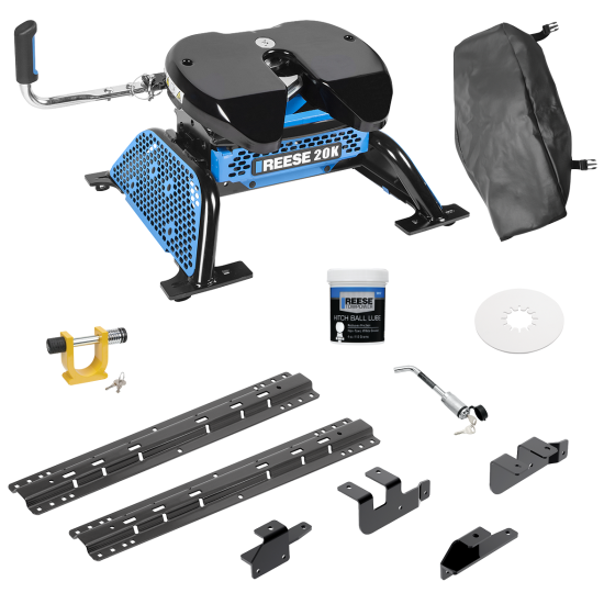 For 2014-2024 RAM 2500 Custom Outboard Above Bed Rail Kit + Reese M5 20K Fifth Wheel + King Pin Lock + Base Rail Lock + 10" Lube Plate + Fifth Wheel Cover + Lube (For 5'8 or Shorter Bed (Sidewinder Required), w/o Factory Puck System Models) By Reese