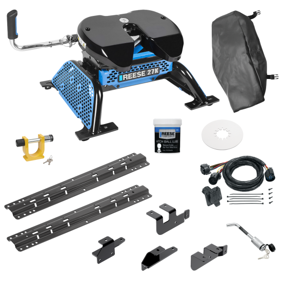 For 2014-2024 RAM 2500 Custom Outboard Above Bed Rail Kit + Reese M5 27K Fifth Wheel + In-Bed Wiring + King Pin Lock + Base Rail Lock + 10" Lube Plate + Fifth Wheel Cover + Lube (For 5'8 or Shorter Bed (Sidewinder Required), w/o Factory Puck System M